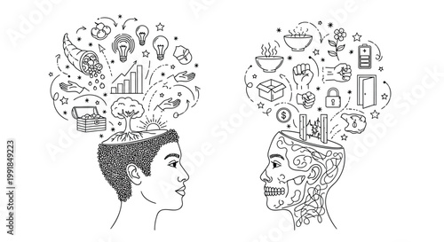 Thinking, creative minds, human heads with ideas, problem solving, brainstorming concepts