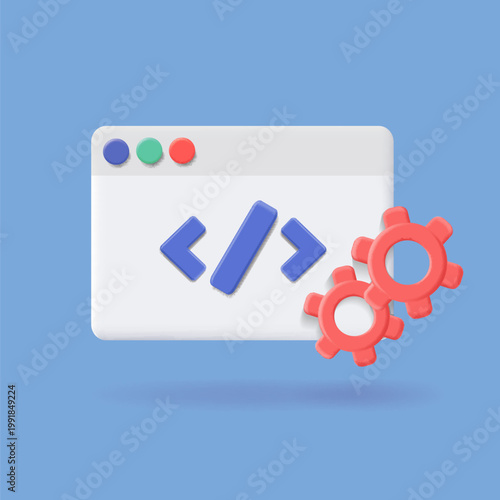 Web Browser Window with Coding Bracket and Gear. web page with code symbol and gear cogwheel. Site development and SEO, software engineering, setting and tools, programming 3d vector icon