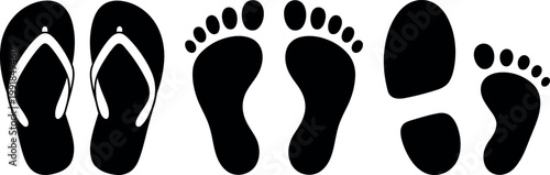 A playful sequence of footprints and sandal outlines in black and white