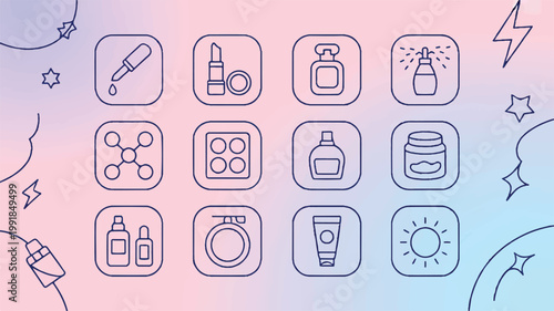 set of line icons for various cosmetic products and tools on colorful background