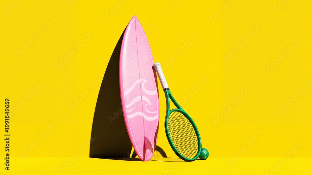 Fototapeta premium Pink surfboard leaning beside green tennis racket and ball on yellow background. Vibrant sports gear arrangement for summer leisure and active lifestyle concept
