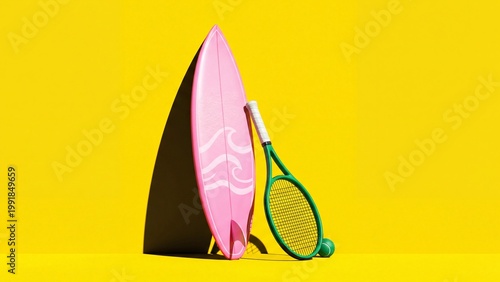 Pink surfboard leaning beside green tennis racket and ball on yellow background. Vibrant sports gear arrangement for summer leisure and active lifestyle concept