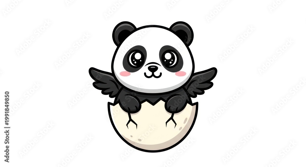 Obraz premium Cute cartoon panda with wings hatching from an egg