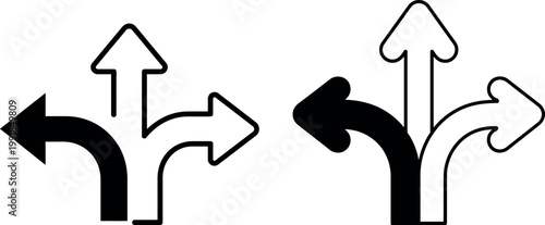 Two different types of three-way road traffic signs indicating directions