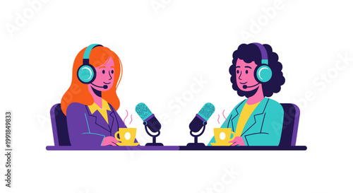 Two people podcasting with headphones on.