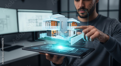 Smart Home innovation technology and System for house Automation Control Concept. Man holding small home model with virtual display as assistant house remote control, Businessman holding a tablet