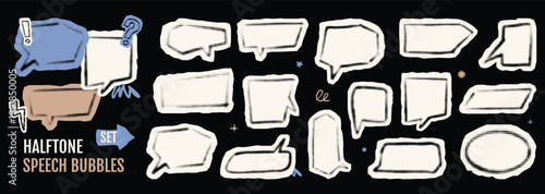 Diverse halftone speech bubbles and comic book elements set. Ragged stickers for notice and announcement in collage style.