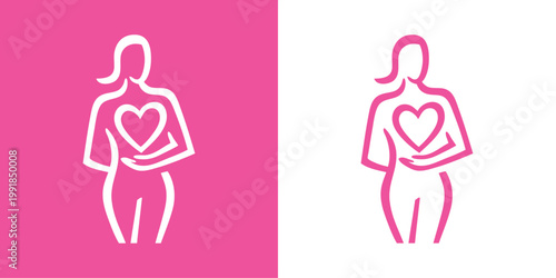 Logotipo con dibujo minimalista con una única línea de mujer de pie con gran corazón en la mano, para tarjetas y felicitaciones de San Valentín