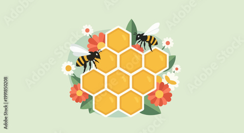 World Bee Day celebration with buzzing bees and honeycomb surrounded by flowers and greenery, promoting environmental awareness