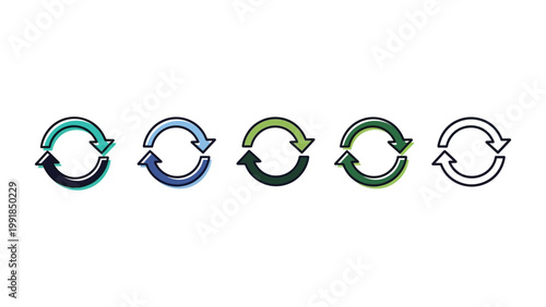 Set of five circular arrows icons in various color styles for user interface design.