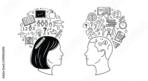 Thinking faces, human heads with creative ideas, problem solving concepts, mind maps