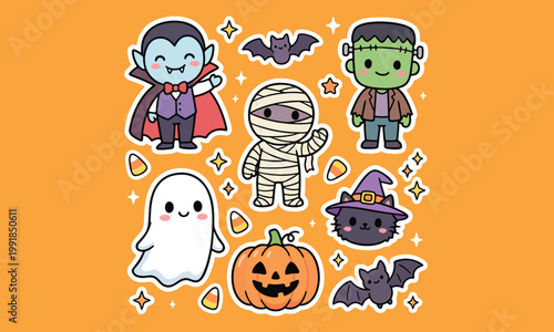 Cute halloween monster characters sticker set flat vector illustration