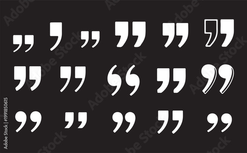 A diverse collection of white quotation mark icons and commas on a black background.