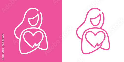 Logotipo con dibujo minimalista con una única línea de mujer de pie con gran corazón en las manos, para tarjetas y felicitaciones de San Valentín