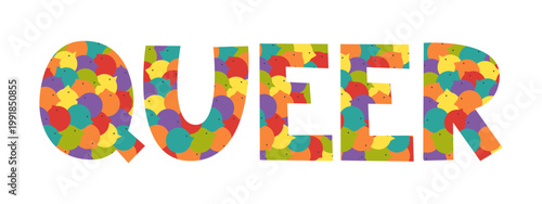 Queer lettering with pattern of diverse people in rainbow colors. LGBT pride, community and support concept. Gay, lgbtq+ inclusion.