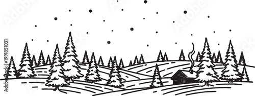 Winter landscape illustration with pine forest and cabin in falling snow landscape seasonal outdoors woodland atmosphere illustration monochrome minimalist background backdrop