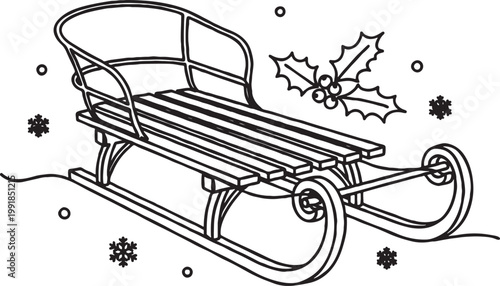 Vintage christmas wooden sled line art with holly decoration christmas decoration snowflake monochrome illustration isolated seasonal recreation activity sledding coloring
