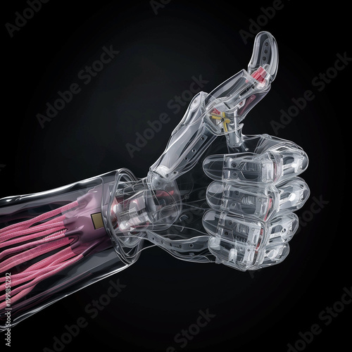 黒背景に浮かぶ透明なロボットハンドの近未来テクノロジーイメージ