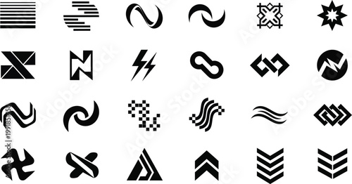 A diverse collection of abstract and geometric symbols and patterns in black and white Vector