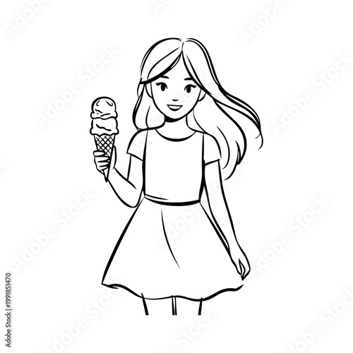 Logotipo con dibujo sencillo con líneas de una chica joven de pie de frente comiendo un cucurucho de helado