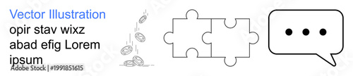 Collaboration, communication, problem-solving, financial concepts, teamwork, brainstorming. Coin drops, puzzle pieces and a speech bubble. Collaboration and communication visually