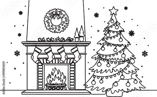 Festive christmas fireplace living room scene with fireplace christmas stocking interior seasonal celebration ornaments decoration illustration minimalist holidays december