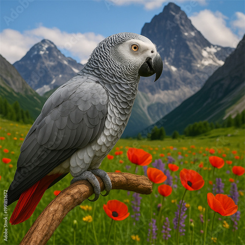 Elegant african grey parrot perched on a branch above bright wildflowers with dramatic mountain peaks and blue sky creating a striking wildlife portrait full of color detail and natural beauty