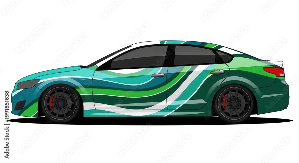 Naklejka premium Green abstract wavy vinyl wrap design on modern sports sedan