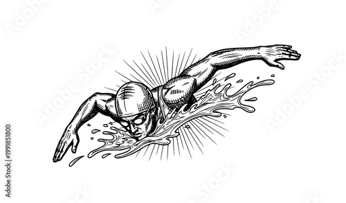 Vintage swimming poster hand drawn engraving style swimmer illustration sport background isolated on white