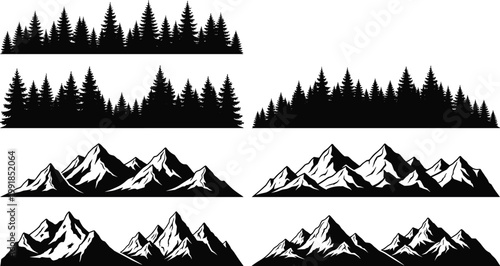 Forest and mountain silhouette collection with pine trees alpine peaks landscape vector set for logo branding outdoor adventure design