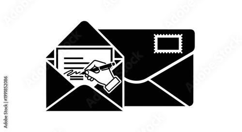 Hand Writing a Letter Inside an Open Envelope Icon.