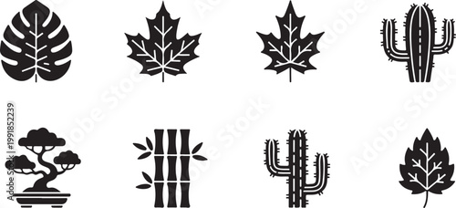 A collection of clean, black and white botanical icons featuring various leaf shapes and plants, including monstera, maple, cactus, bamboo, and bonsai.