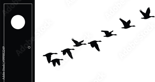 Migrating birds flying in formation across open sky minimalist wildlife scene showing motion freedom seasonal journey and natural harmony