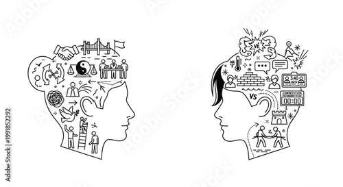 Thinking minds, creative heads, brainstorming icons, human profiles, conceptual illustrations