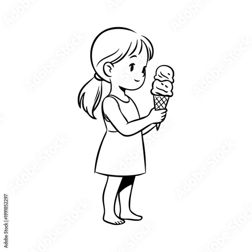 Logotipo con dibujo sencillo con líneas de una niña de pie de perfil comiendo un cucurucho de helado