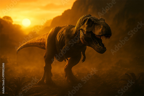 A dramatic tyrannosaurus rex striding through a dusty prehistoric valley at sunset with glowing backlight rugged cliffs swirling haze and a fierce cinematic mood of danger survival and ancient power