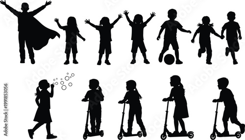 Diverse group of children engaging in various outdoor activities and hobbies Vector
