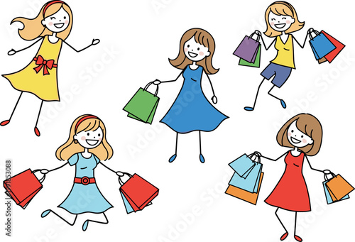 Cartoon Girls Shopping with Colorful Bags, Fun Retail Illustrations for Fashion and Shopping Themes