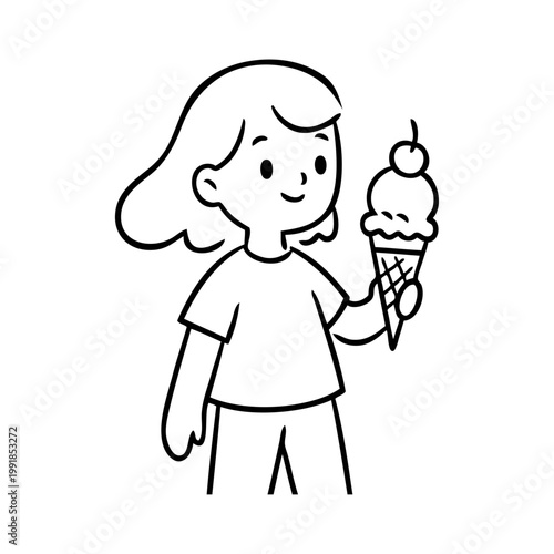 Logotipo con dibujo sencillo con líneas de una niña de pie comiendo un cucurucho de helado con una cereza 