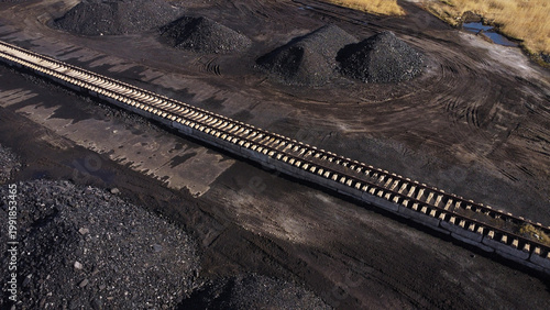 Aerial View of Industrial Railway and Coal Piles at Mining Facility