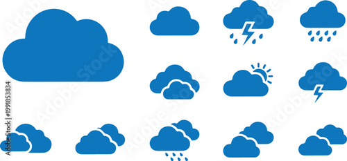 A comprehensive set of blue flat vector icons representing various weather conditions, including sunny intervals, rain, thunderstorms, and overcast skies.