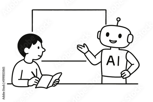 Illustrative line art of a boy studying with an AI robot teacher, symbolizing education and technology