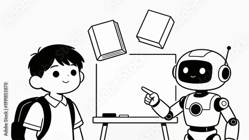 Robotics in Education A Student Learns from an AI Robot with Books Floating Around a Whiteboard