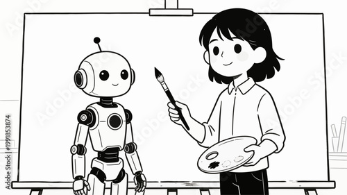 A robot artist and a human painter collaborate on a masterpiece, showcasing the exciting future of AI in art and creativity