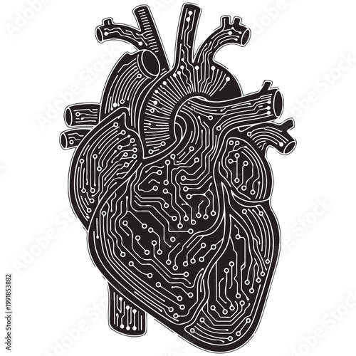 Cybernetic human heart vector illustration with digital circuit board pattern for medical technology and bioengineering concepts