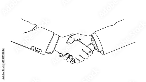 Continuous line drawing of a business handshake between two professionals.
