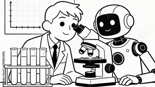 Future of scientific discovery a human researcher and an advanced AI partner conducting innovative lab experiments, symbolizing synergy and technological evolution