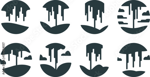 Creative minimalist umbrella icons set with dripping effects and clouds isolated design