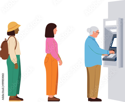 Diverse Group of People Standing in Line to Use an ATM Machine for Banking, Financial Transactions, Cash Withdrawal, and Modern Urban Life Vector Illustrations
