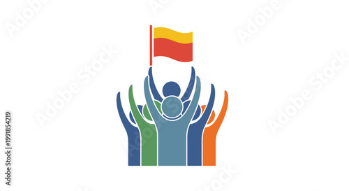 People celebrating with raised hands and flag.